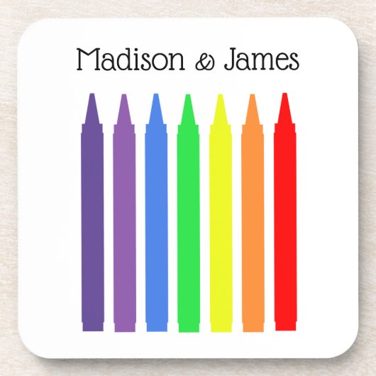 Helle Wachskrammen in Regenbogenfarben, Ihr Name Getränkeuntersetzer (Vorderseite)