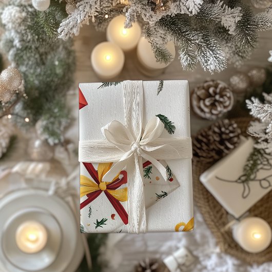 Helle Weihnachts-Geschenkboxen & Evergreen Blätter Geschenkpapier