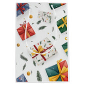Helle Weihnachts-Geschenkboxen & Evergreen Blätter Mittlere Geschenktüte (Vorderseite)