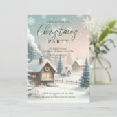 Helle Weihnachts-Party Einladung mit Schneeszene (Stehend Vorderseite)