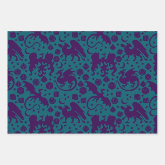 Helle Whimsical Dragon & Dice Lila & blau Geschenkpapier Set (Vorderseite 3)