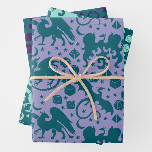 Helle Whimsical Dragon & Dice Lila & blau Geschenkpapier Set (Beispiel)