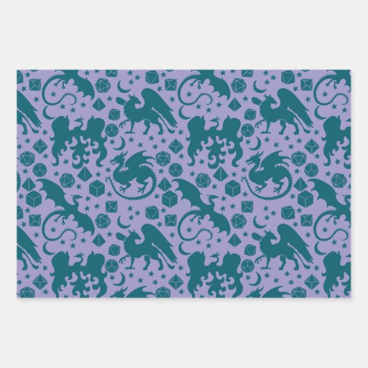 Helle Whimsical Dragon & Dice Lila & blau Geschenkpapier Set (Vorderseite)
