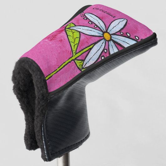 Helle Whimsical White Daisy Blume Blätter Pink Golf Headcover (3/4 Vorderseite)