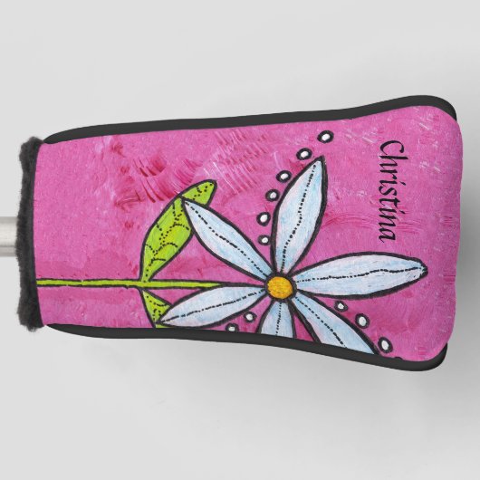 Helle Whimsical White Daisy Blume Blätter Pink Golf Headcover (Vorderseite)