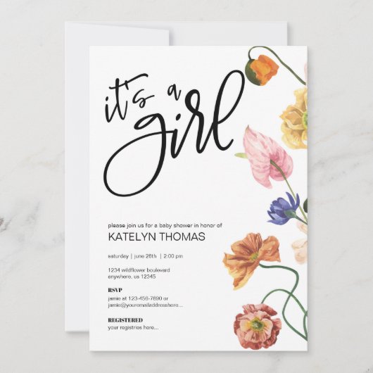 Helle Wildblume Baby Dusche Einladung (Vorderseite)