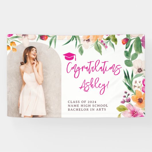 Helle Wildblumen Rosa Abschluss Glückwunsch Banner (Horizontal)