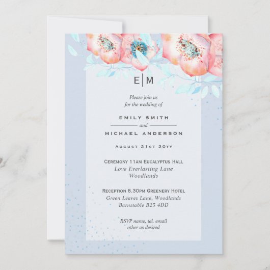 Hellebore Blue Dusty Rose Hochzeitsempfang Einladu Einladung (Vorderseite)