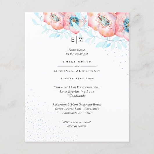 Hellebore Blue Dusty Rose Wedding Reception BUDGET Flyer (Vorne)