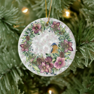 Hellebore-Blumenstrauß mit Vogel Keramik Ornament