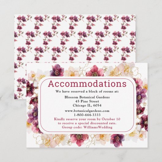 Hellebore Floral Burgundy Wedding Accommodations Begleitkarte (Vorne/Hinten)