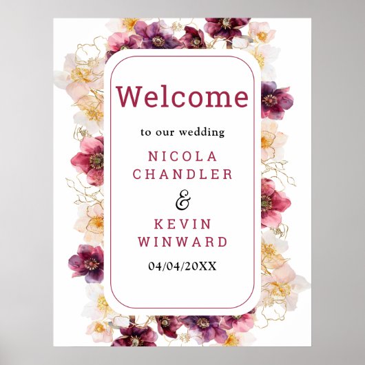 Hellebore Floral Burgundy Wedding Welcome Sign Poster (Vorne)