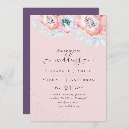 Hellebore Turquoise Peach Floral Wedding Einladung (Vorne/Hinten)