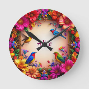Heller Blumenrahmen mit farbenfrohen Vögeln in der Runde Wanduhr