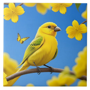 Heller gelber Singvogel auf einem Ast Fliese