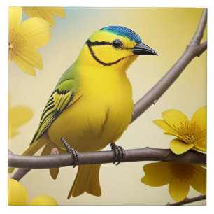 Heller gelber Singvogel auf einem Ast sitzend Fliese