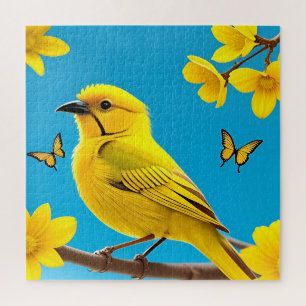 Heller gelber Singvogel auf einem Ast sitzend Puzzle