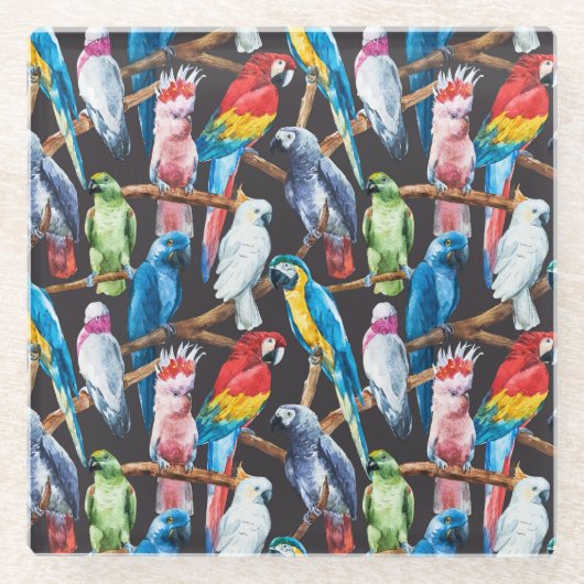Heller Papagei: tropische Aquarelltapete. Glasuntersetzer (Vorderseite)