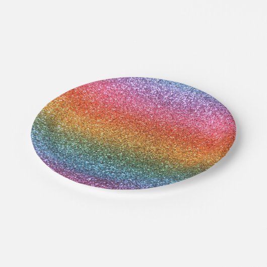 Heller Regenbogen-Glitter Pappteller (Schrägansicht)