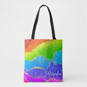 Heller Regenbogen & Gold-Faux-Glitter-Achat-Monogr Tasche