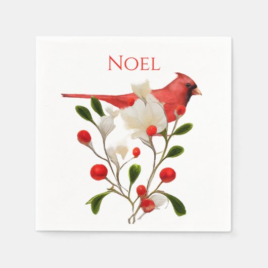 Heller roter Kardinal auf einer Berry-Zweigniederl Serviette (Vorderseite)