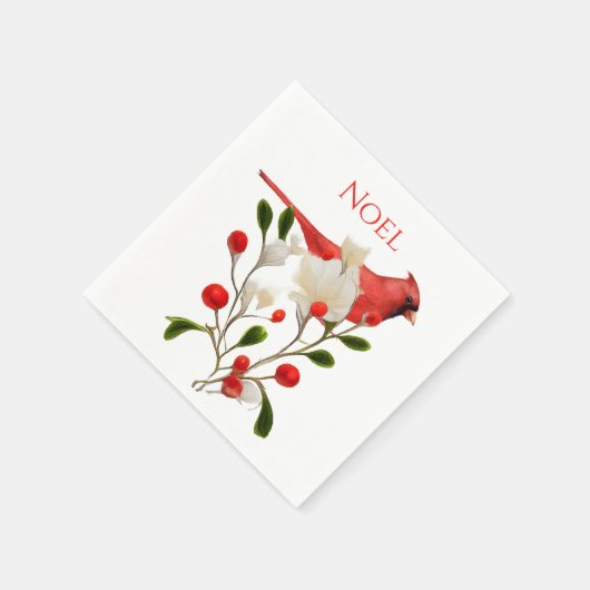 Heller roter Kardinal auf einer Berry-Zweigniederl Serviette (Ecke)