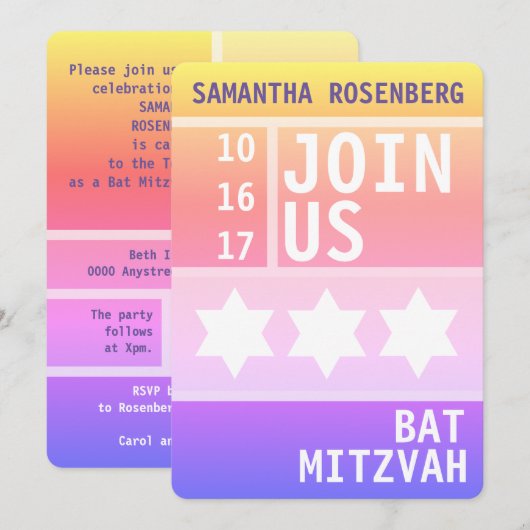 Heller Star von David Bat Mitzvah Einladung (Vorne/Hinten)