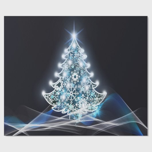 Heller Weihnachtsbaum, weiße Schneeflocken, Blaue Geschenkpapier (Flach)