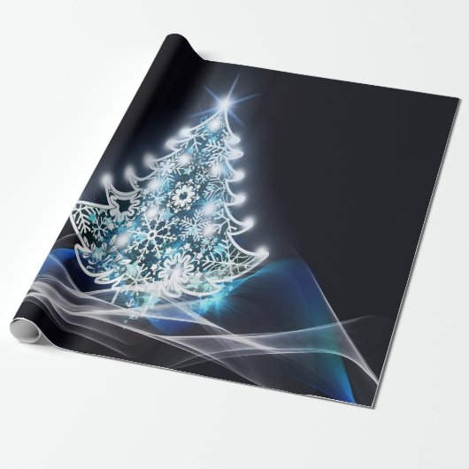 Heller Weihnachtsbaum, weiße Schneeflocken, Blaue Geschenkpapier (Ungerollt)