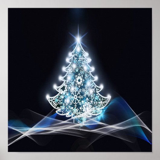 Heller Weihnachtsbaum, weiße Schneeflocken, Blaue Poster (Vorne)