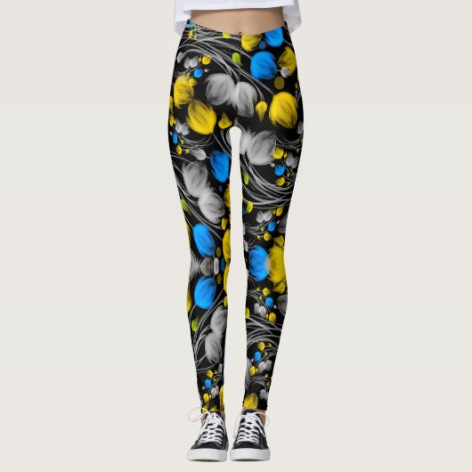 Helles abstraktes Blumenmuster auf schwarzem Hinte Leggings (Vorderseite)