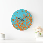 Helles Aqua-blaue und orange BlumenWanduhr Große Wanduhr (Zuhause)