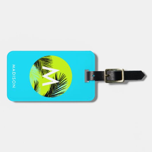 Helles Aqua Blue mit Tropical Palm Trees Monogram Gepäckanhänger (Vorderseite horizontal)