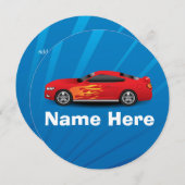 Helles Blau mit Red Sports Car Flammen Kinder Boys Einladung (Vorne/Hinten)