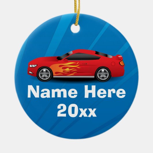 Helles Blau mit Red Sports Car Flammen Kinder Jung Keramikornament (Vorne)