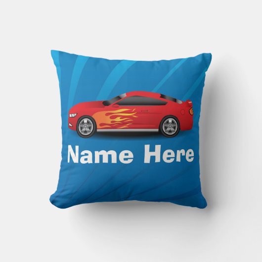 Helles Blau mit Red Sports Car Flammen Kinder Jung Kissen (Vorderseite)