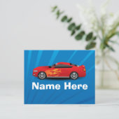 Helles Blau mit Red Sports Car Flammen Kinder Jung Postkarte (Stehend Vorderseite)