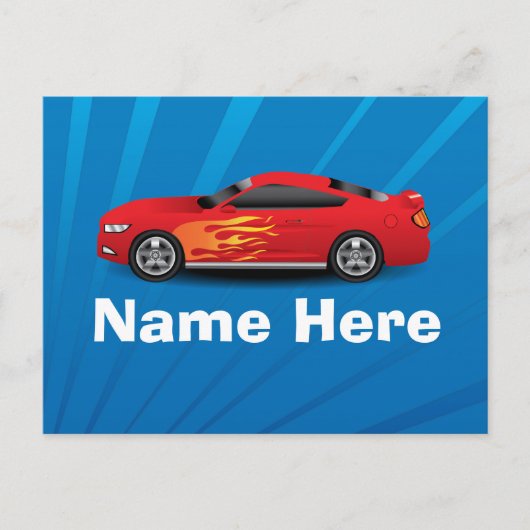 Helles Blau mit Red Sports Car Flammen Kinder Jung Postkarte (Vorderseite)