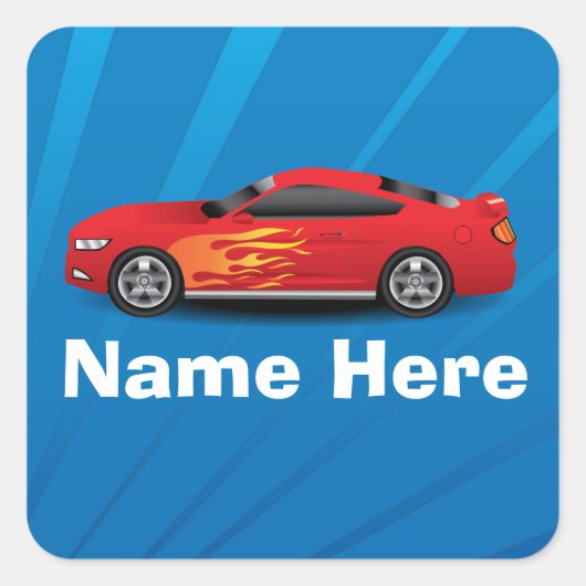 Helles Blau mit Red Sports Car Flammen Kinder Jung Quadratischer Aufkleber (Vorderseite)