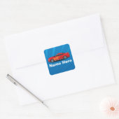 Helles Blau mit Red Sports Car Flammen Kinder Jung Quadratischer Aufkleber (Umschlag)