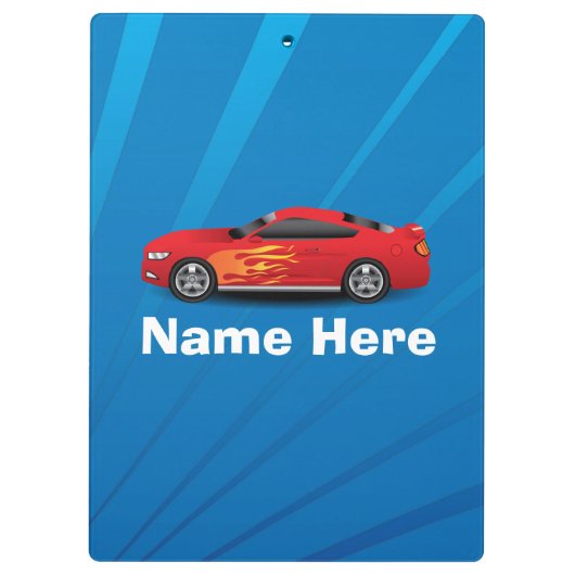 Helles Blau mit rotem Sport-Auto flammt Klemmbrett (Rückseite)