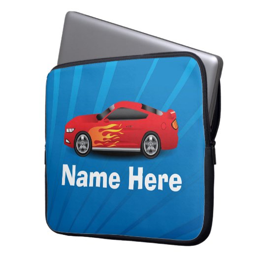 Helles Blau mit rotem Sport-Auto flammt Laptopschutzhülle (Vorderseite Links)