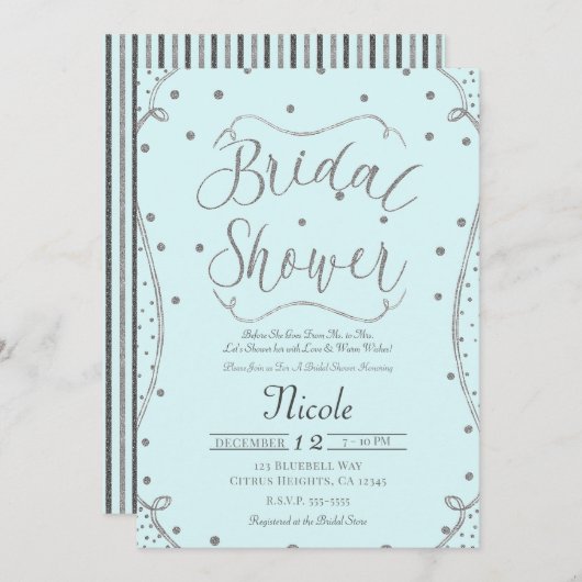 Helles Blau und Silber-Brautparty Einladung (Vorne/Hinten)