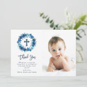 Helles blaues Blumen mit Taufe-Foto des Kreuz-| Dankeskarte (Stehend Vorderseite)