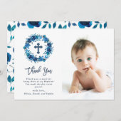 Helles blaues Blumen mit Taufe-Foto des Kreuz-| Dankeskarte (Vorne/Hinten)
