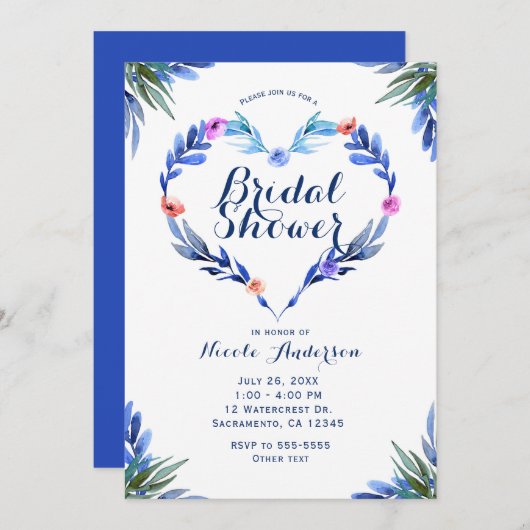Helles blaues Blumenherz Botanisches Wasserfarben Einladung (Vorne/Hinten)