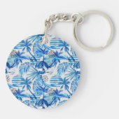 Helles blaues tropisches Aquarell-Muster Schlüsselanhänger (Rückseite)