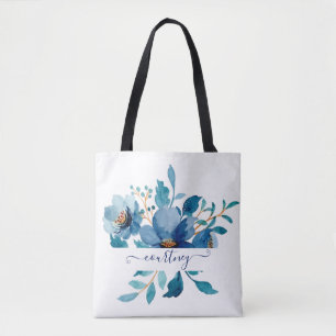 Helles Blautöne Wasserfarbe floral personalisiert  Tasche