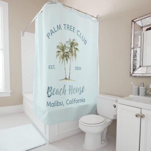 Helles Blue Wood Palm Trees Modernes Beach House Duschvorhang (Beispiel)