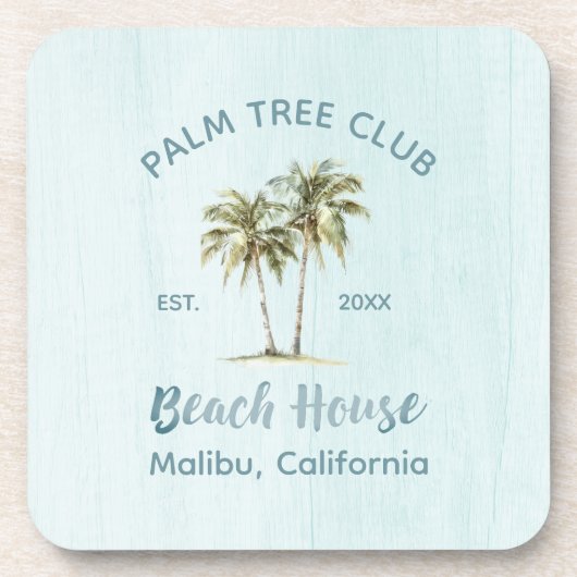 Helles Blue Wood Palm Trees Modernes Beach House Getränkeuntersetzer (Vorderseite)